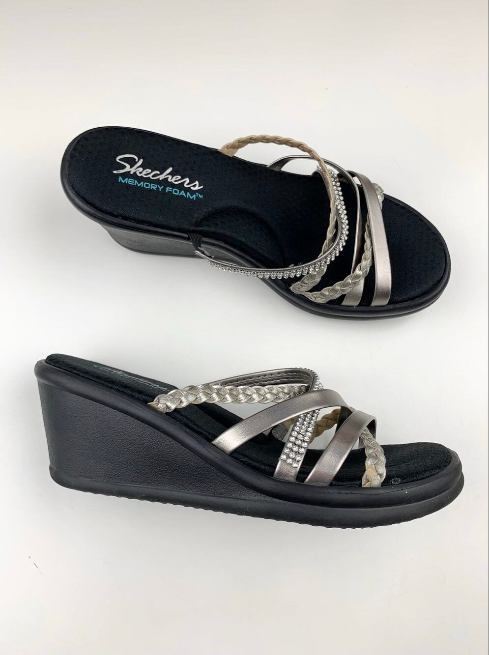 Skechers Cali Rumblers Wild Child Wedge Sandals Strappy Black Slip On Women's 9